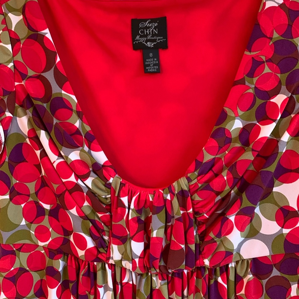 Suzi Chin empire-waist dress, colorful, stretchy, drapey fabric. Size 8 NWT